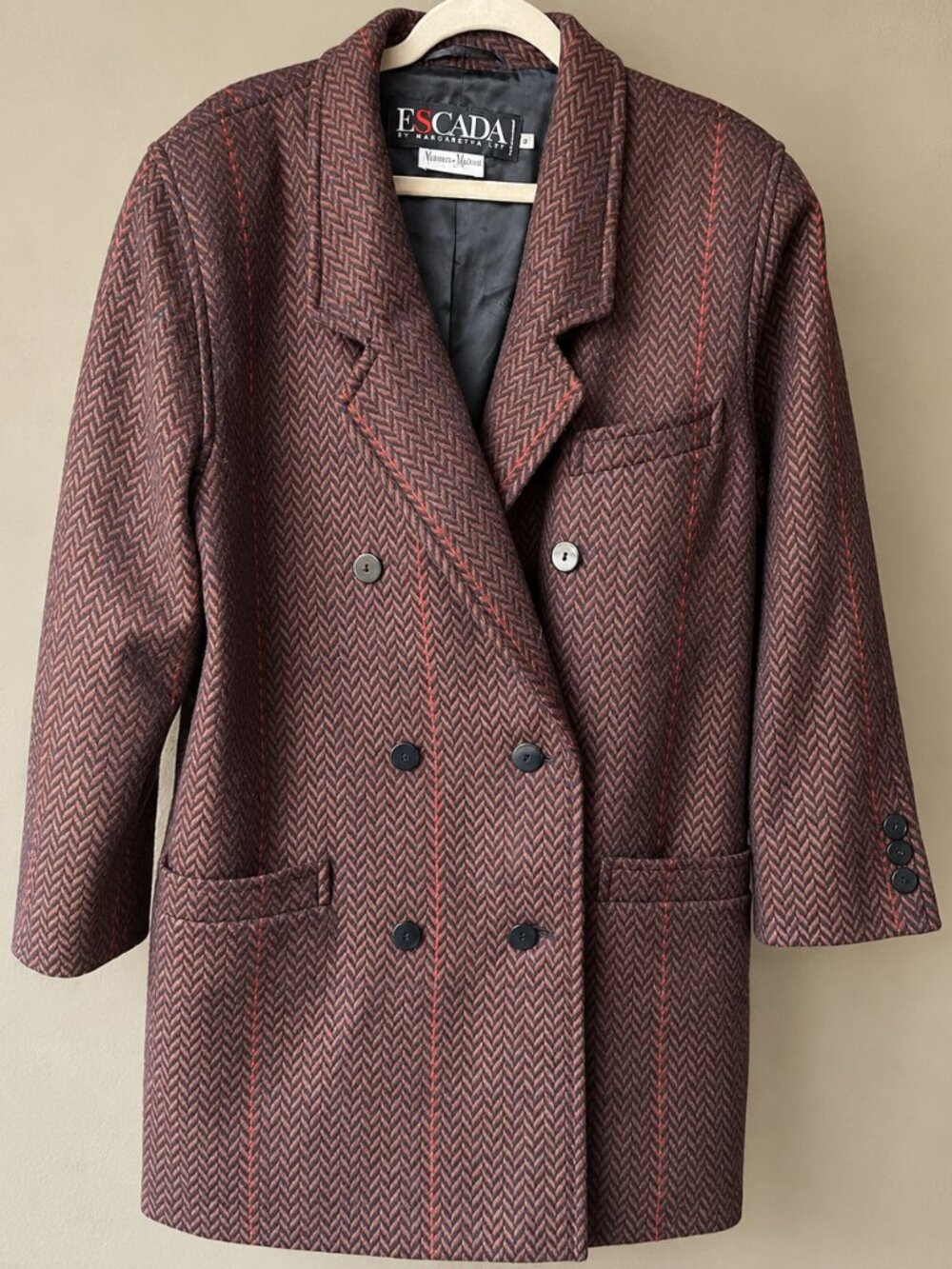 Escada Germany Burgundy Herringbone Wool Longline Blazer Jacket EU 42